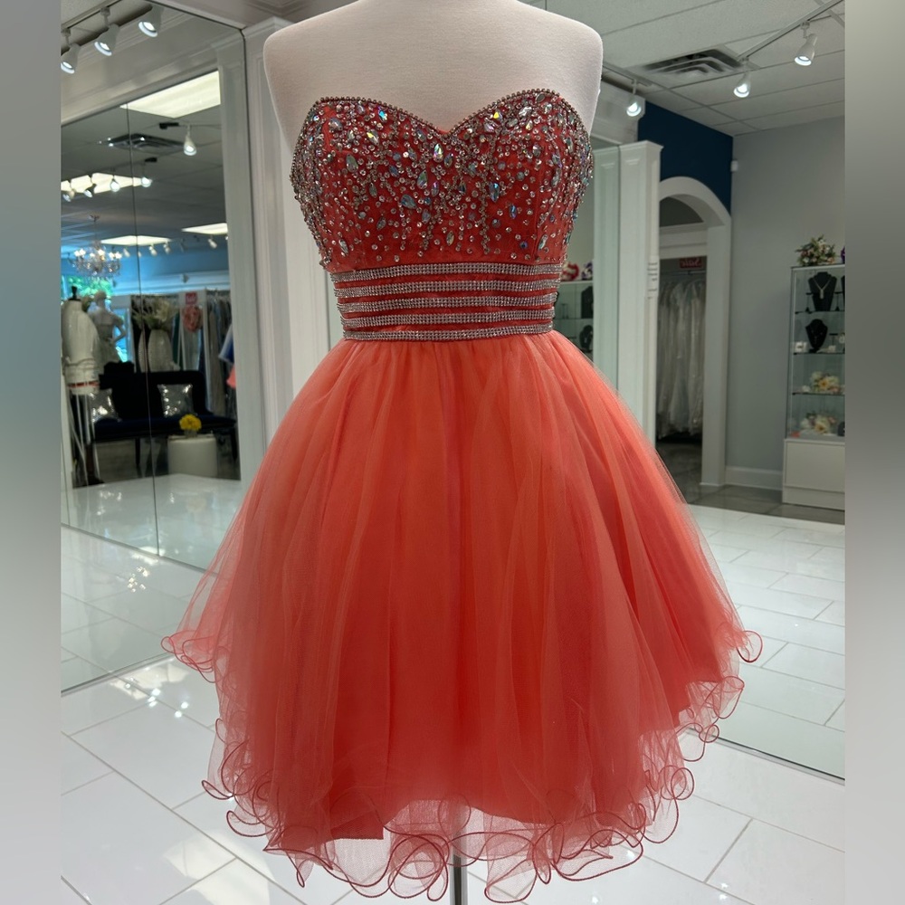 Coral Tulle Dress with Rhinestone Embellishments